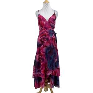 Lulus Dress Women S Small Sunny Certainty Purple Floral Chiffon Wrap Tiered Midi